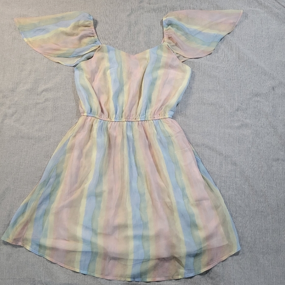 Andree By Unit Small Womens Dress Pastel Rainbow Flutter Sleeve Flowy EUC - Picture 2 of 13